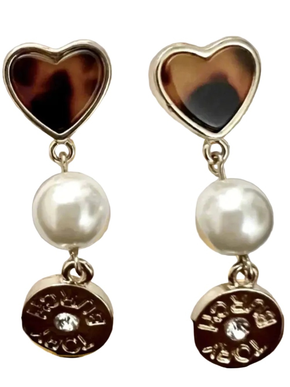 Tory Burch Logo Semi Precious Tortoise Heart And Pearl Stone Earrings NWOT